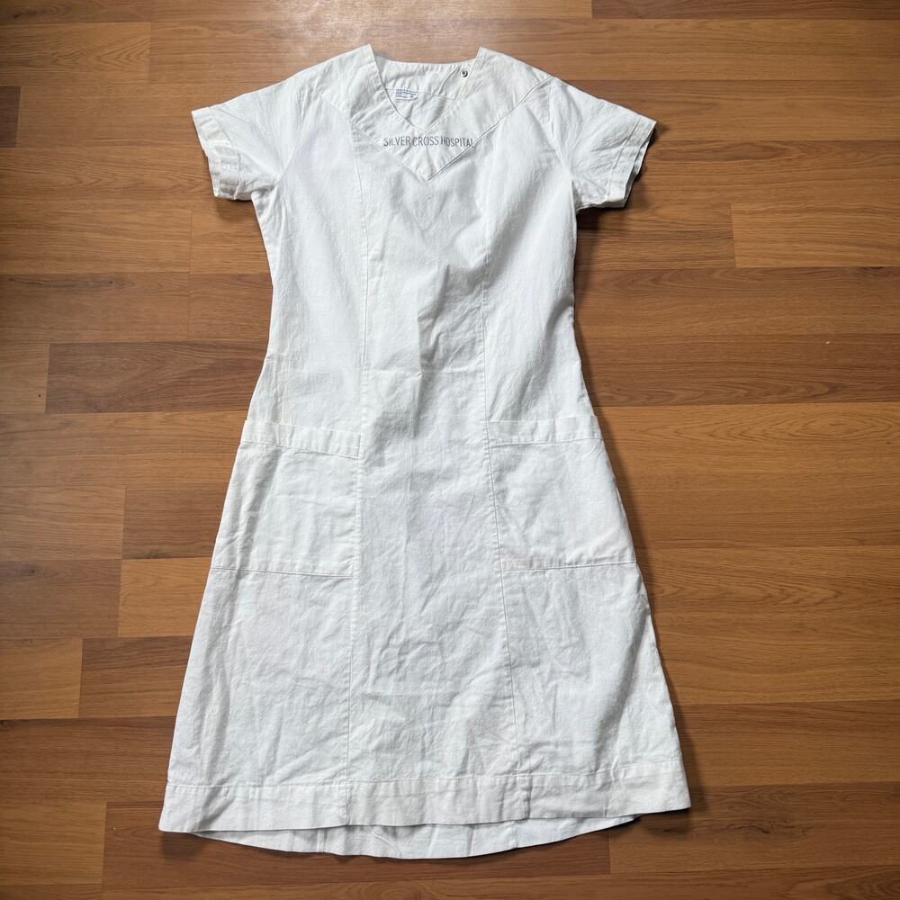 Women's Vintage 1960's Silver Cross Hospital White Nurse Uniform Dress Sz Small